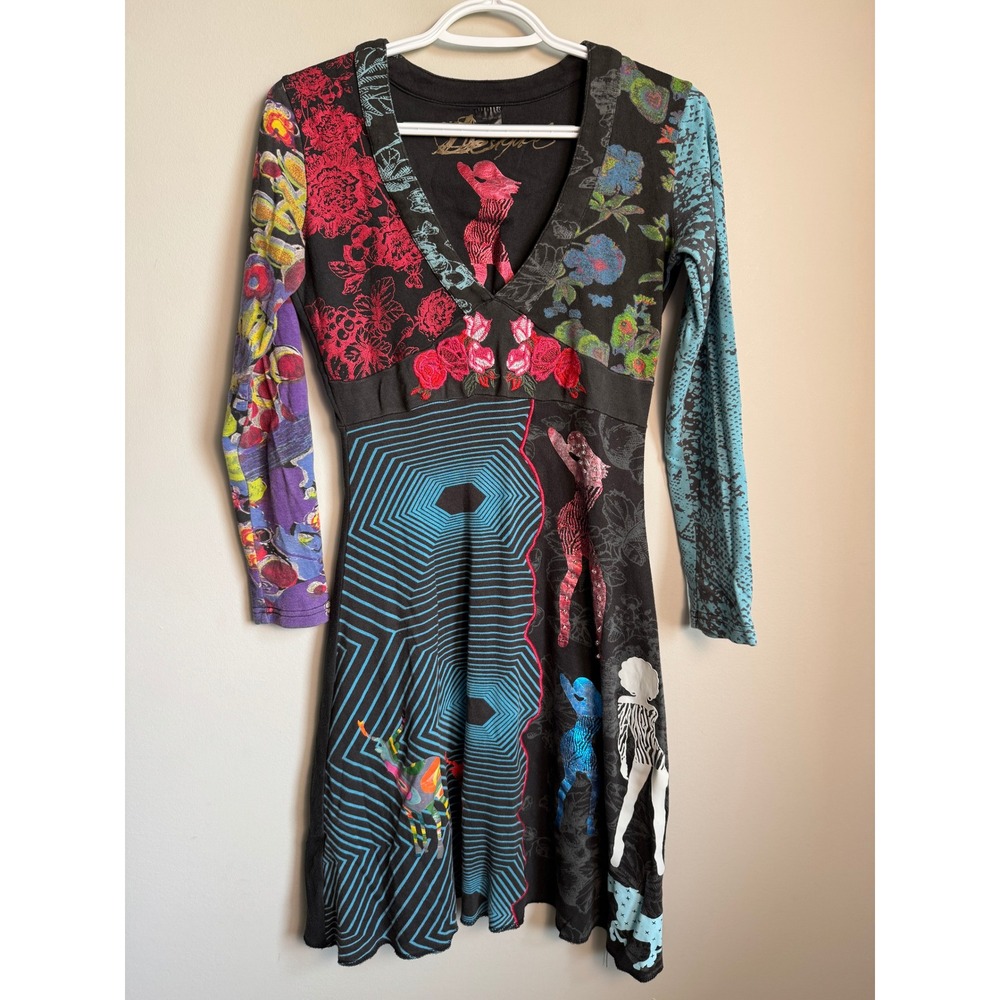 Desigual Womens Black Multi Patchwork Boho Long Sleeve Dress M Artsy Eclectic